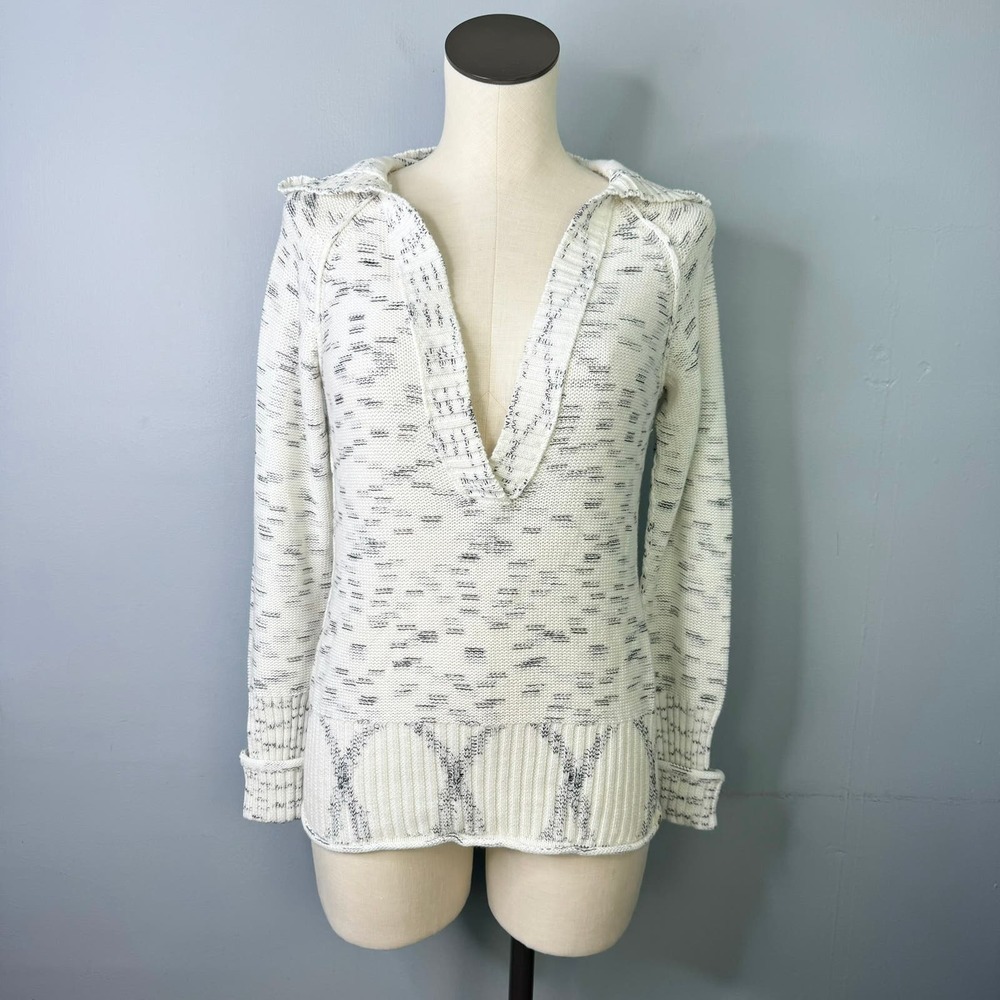 Roxy Black White Gray Marled Deep V-Neck Hooded Cotton Sweater Juniors' Size L